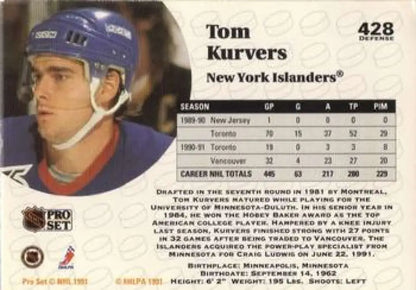 Tom Kurvers 1991-92 New York Islanders Hockey Card from Pro Set #428