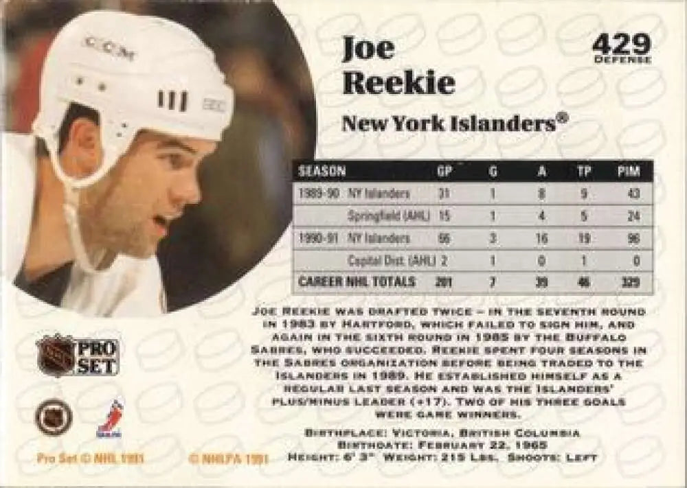 Hockey card of Joe Reekie from the New York Islanders, 1991-92 Pro Set #429