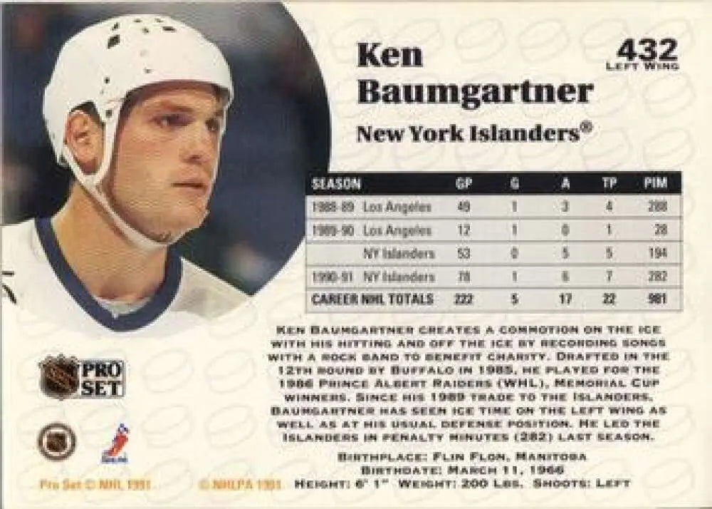 Hockey player trading card of Ken Baumgartner from the New York Islanders Pro Set