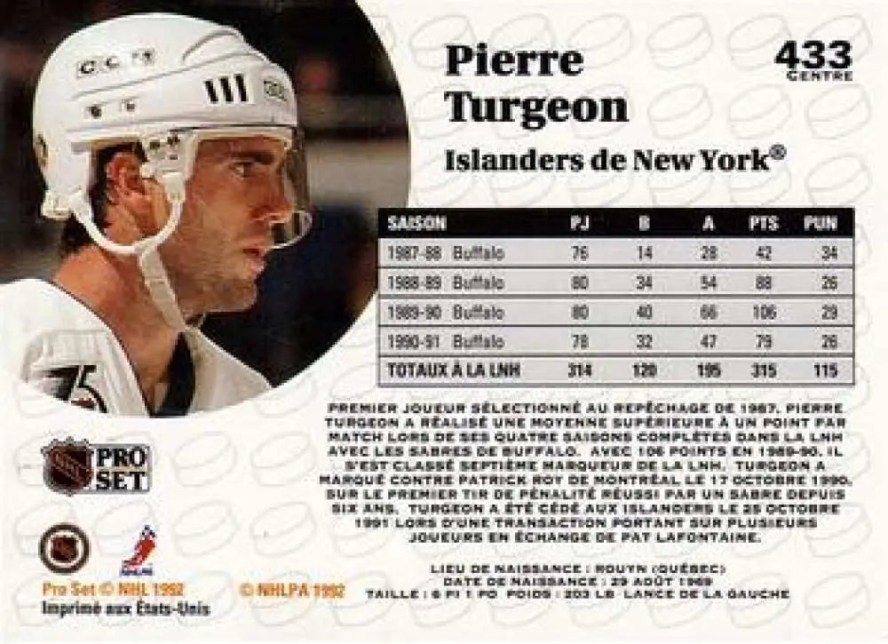Hockey trading card of Pierre Turgeon from Pro Set, New York Islanders 1991-92