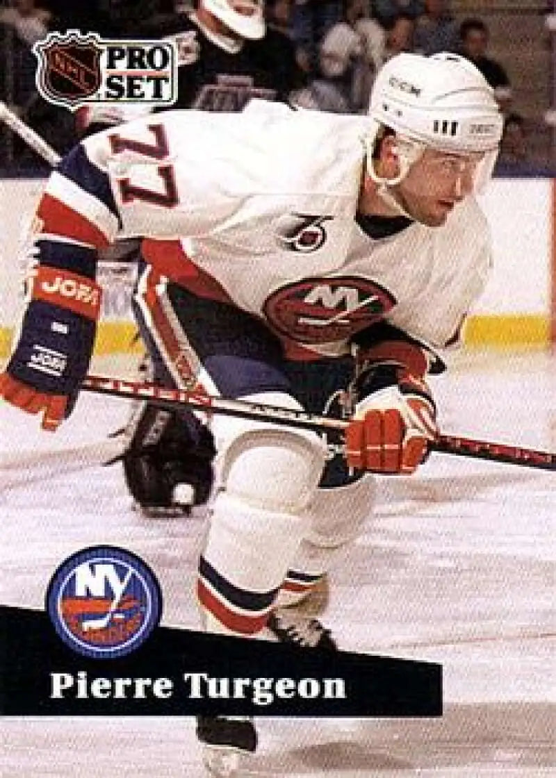 NHL Pro Set hockey card of Pierre Turgeon in New York Islanders white jersey