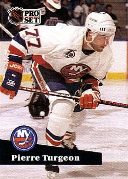 NHL Pro Set hockey card of Pierre Turgeon in New York Islanders white jersey