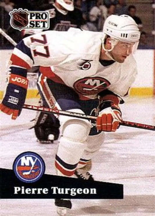 NHL Pro Set hockey card of Pierre Turgeon in New York Islanders white jersey
