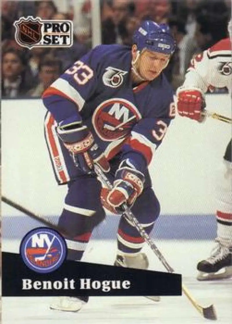 NHL Pro Set hockey card featuring Benoit Hogue of the New York Islanders in action