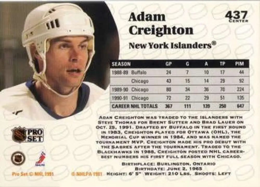 Hockey card of Adam Creighton from New York Islanders with a white helmet