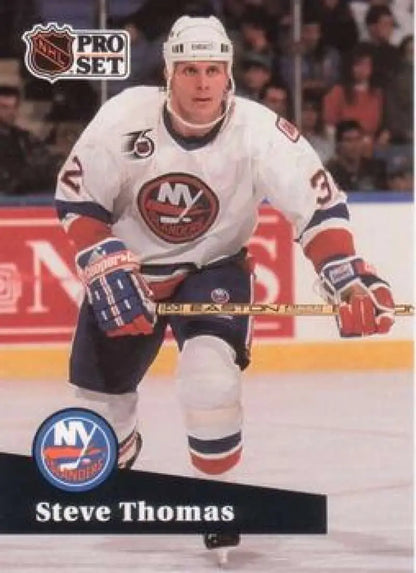 NHL Pro Set hockey card of Steve Thomas, New York Islanders player in white jersey #32