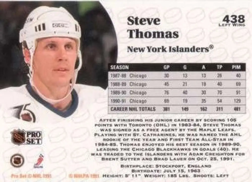 Hockey card featuring Steve Thomas in New York Islanders uniform from Pro Set collection