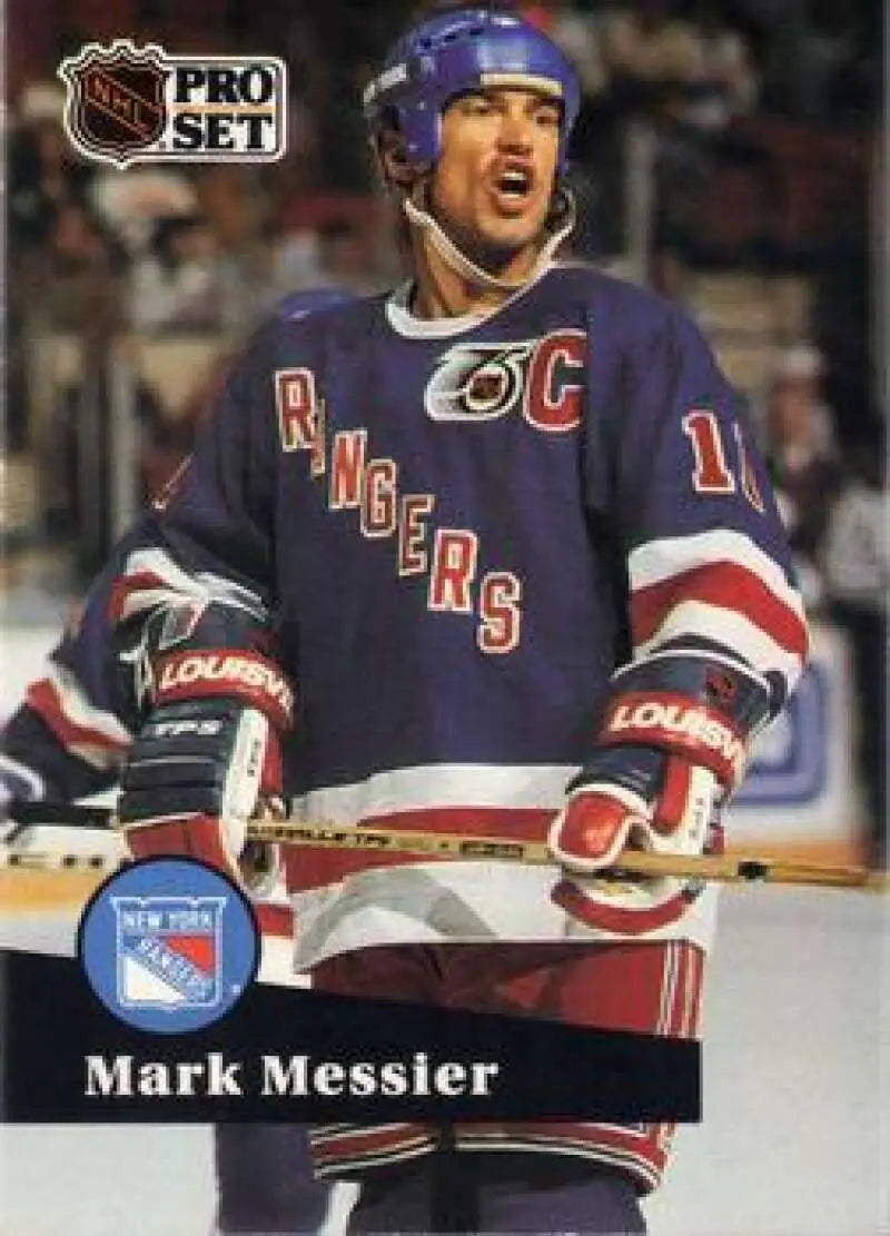 Mark Messier in New York Rangers jersey with captain’s C on 1991-92 Pro Set card