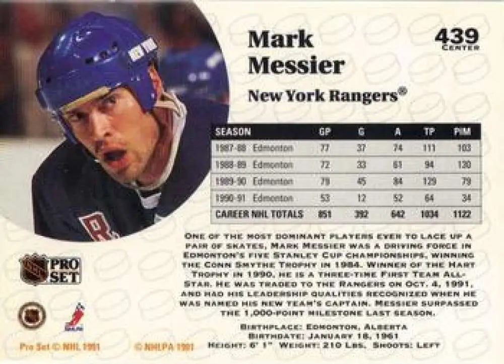 Mark Messier New York Rangers Hockey Card #439 from 1991-92 Pro Set NM-MT