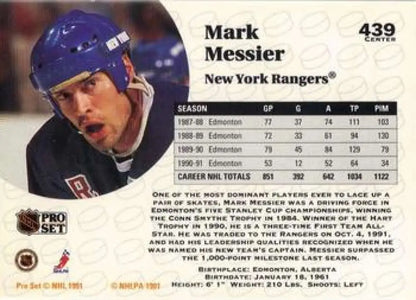 Mark Messier New York Rangers Hockey Card #439 from 1991-92 Pro Set NM-MT