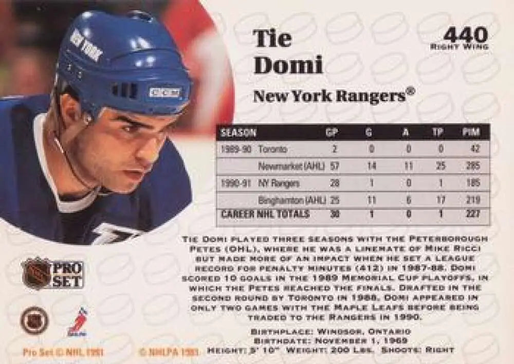 Hockey card of Tie Domi in a blue New York Rangers helmet, 1991-92 Pro Set #440
