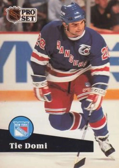 Tie Domi New York Rangers hockey card in blue and red uniform, 1991-92 Pro Set #440