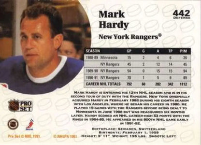 Mark Hardy hockey card from Pro Set featuring New York Rangers jersey
