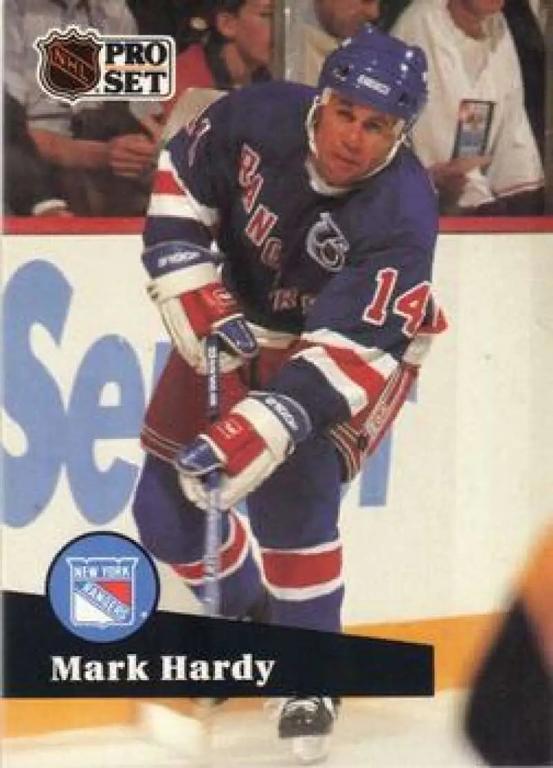 NHL Pro Set hockey card of Mark Hardy in action for New York Rangers wearing number 14