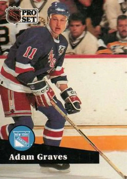 NHL Pro Set card featuring Adam Graves of the New York Rangers in blue jersey 11