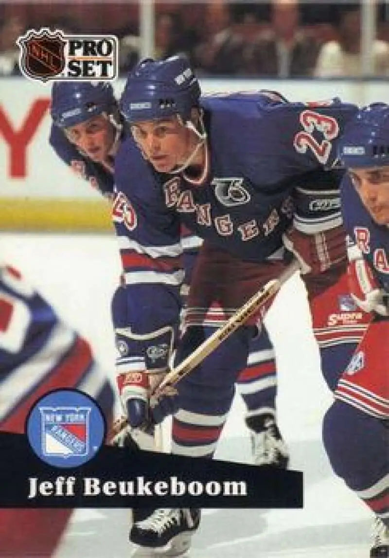 NHL Pro Set hockey card of Jeff Beukeboom, New York Rangers player in blue and red uniform