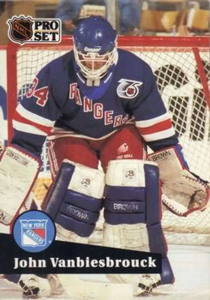 John Vanbiesbrouck crouched in blue gear on New York Rangers hockey card 1991-92 Pro Set