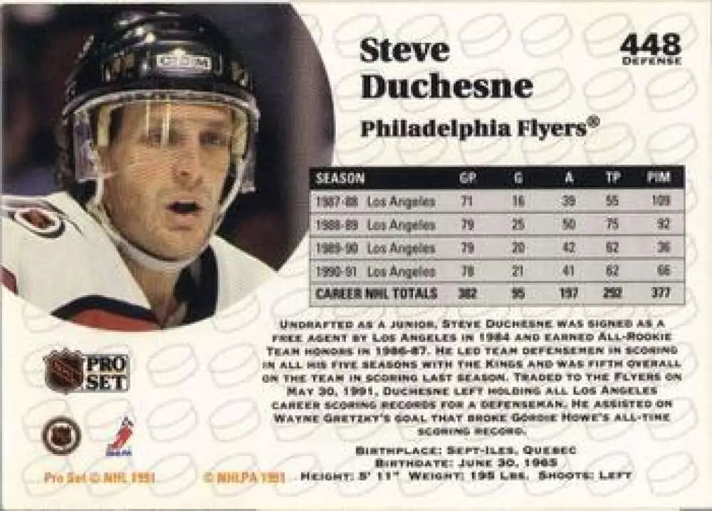 Hockey trading card of Steve Duchesne from the Philadelphia Flyers Pro Set 1991-92