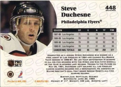 Hockey trading card of Steve Duchesne from the Philadelphia Flyers Pro Set 1991-92