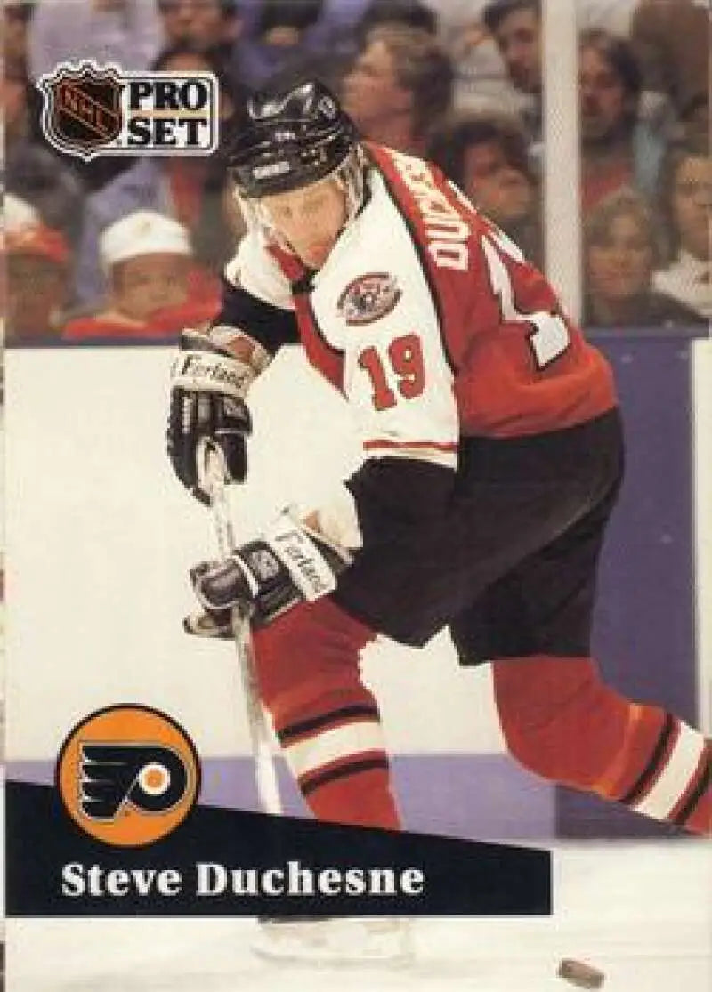 NHL Pro Set hockey card featuring Steve Duchesne of the Philadelphia Flyers in action