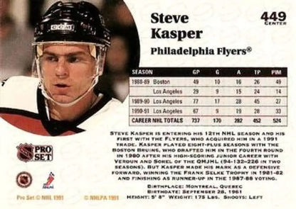 Hockey trading card of Steve Kasper from the Philadelphia Flyers Pro Set