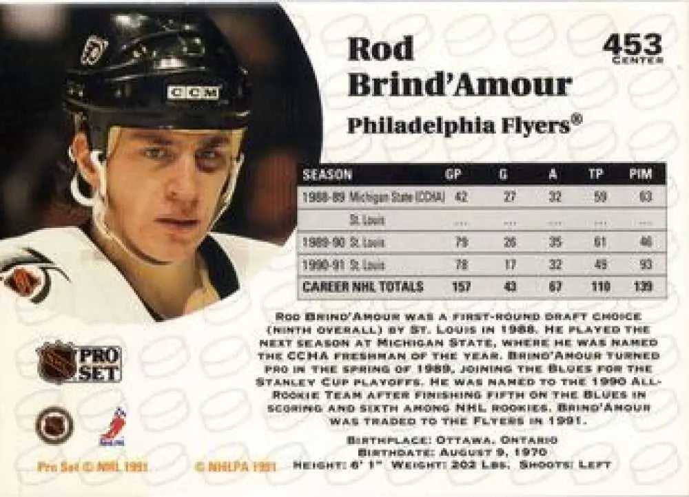 Hockey card of Rod Brind’Amour in black helmet, Philadelphia Flyers memorabilia