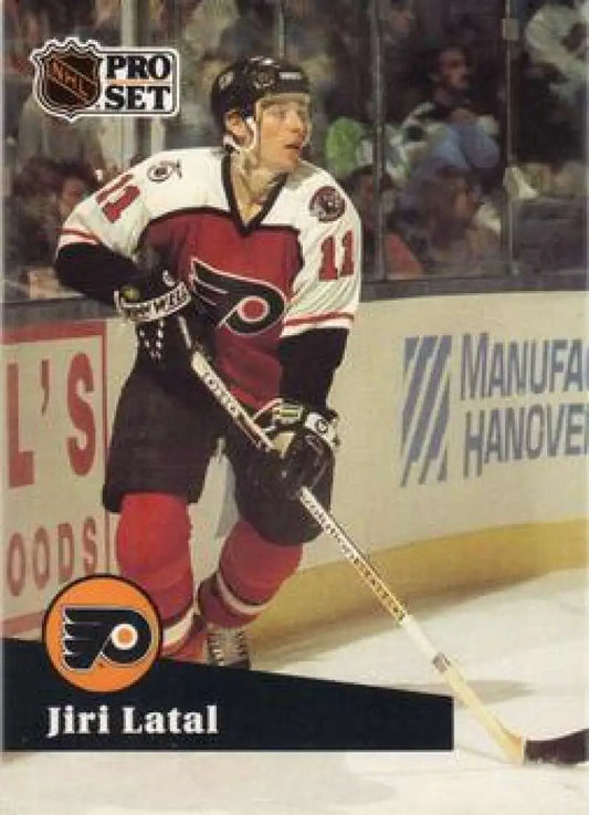 NHL Pro Set hockey card of Jiri Latal in action for the Philadelphia Flyers