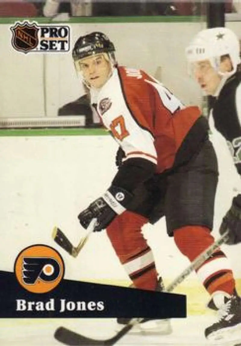 NHL Pro Set hockey card of Brad Jones in Philadelphia Flyers jersey during gameplay