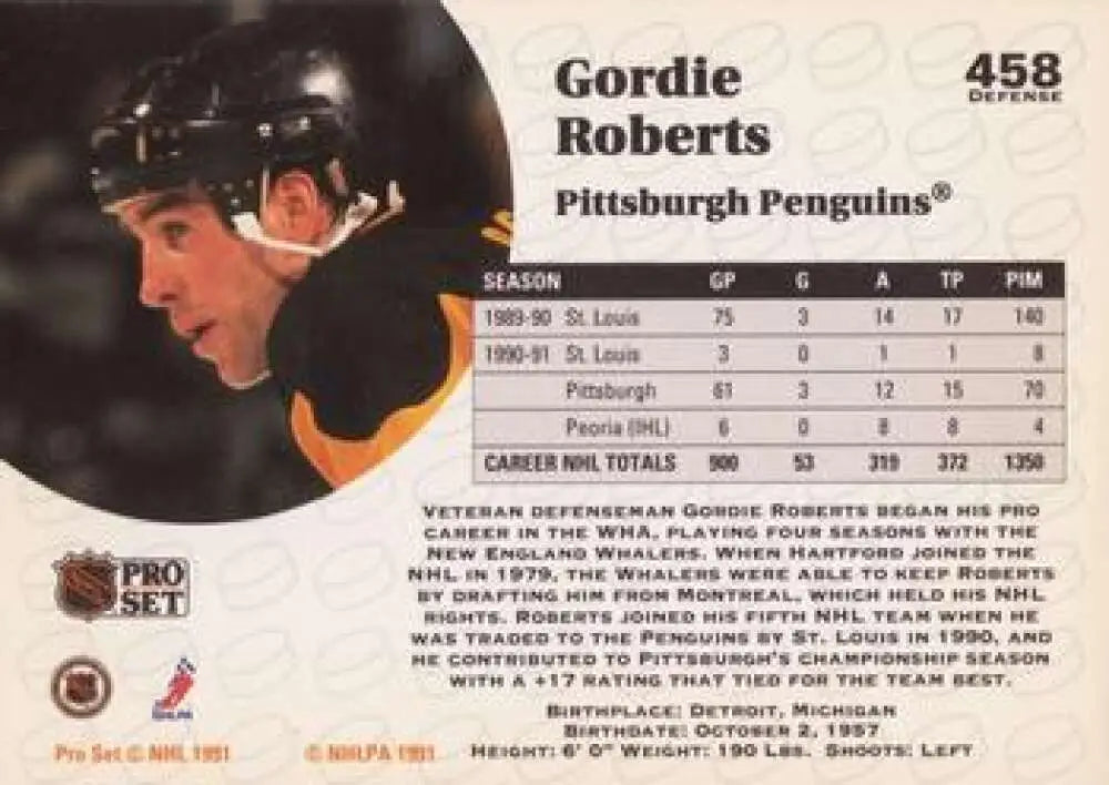 Gordie Roberts hockey card from 1991-92 Pro Set featuring black and yellow uniform