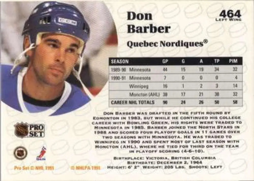 Hockey card of Don Barber from the Quebec Nordiques with a blue helmet