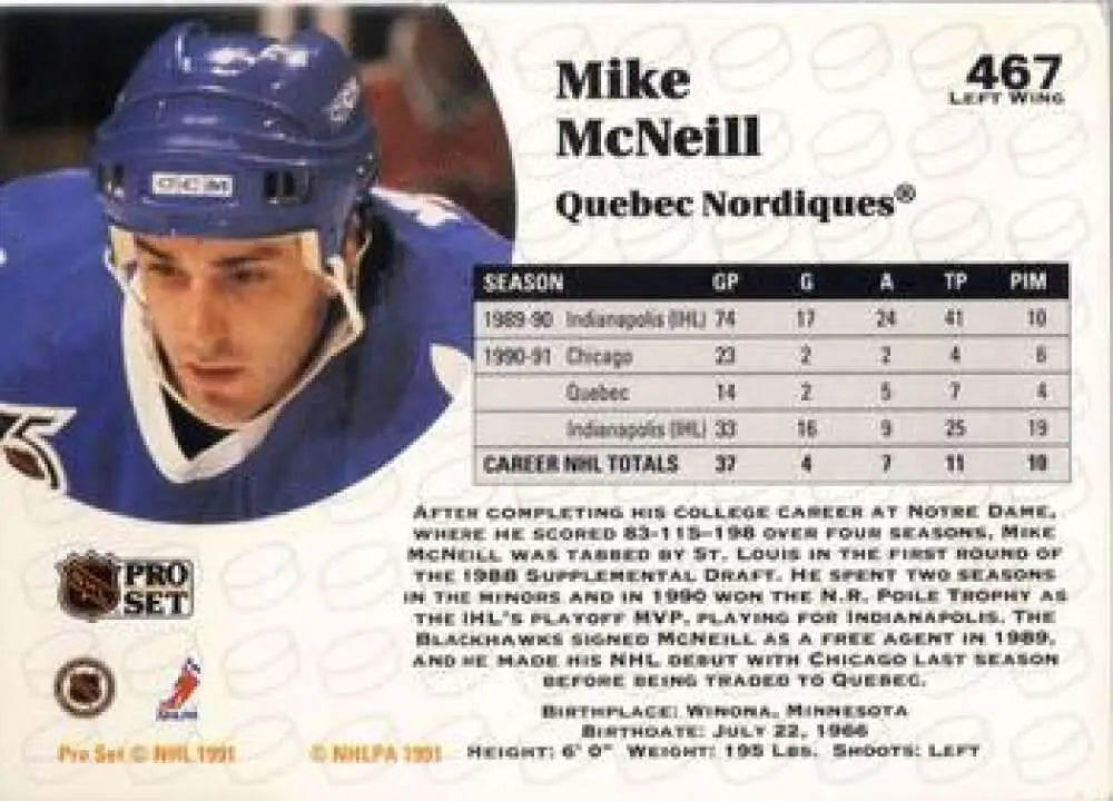 Hockey card of Mike McNeill in blue Quebec Nordiques uniform from 1991-92 Pro Set