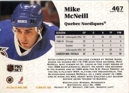 Hockey card of Mike McNeill in blue Quebec Nordiques uniform from 1991-92 Pro Set