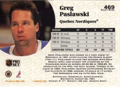 Hockey card featuring Greg Paslawski from the Quebec Nordiques team, 1991-92 Pro Set