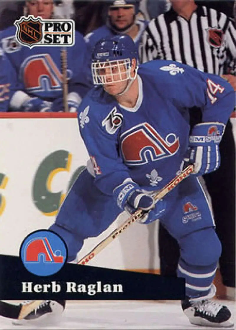 NHL Pro Set hockey card of Herb Raglan in Quebec Nordiques blue uniform