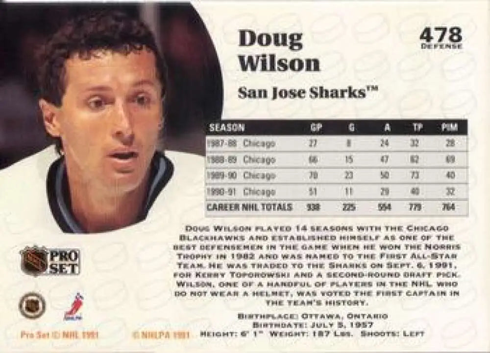 Vintage hockey card featuring Doug Wilson from the San Jose Sharks team
