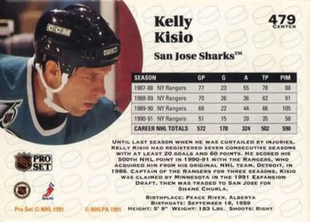 Hockey trading card of Kelly Kisio from Pro Set featuring San Jose Sharks player