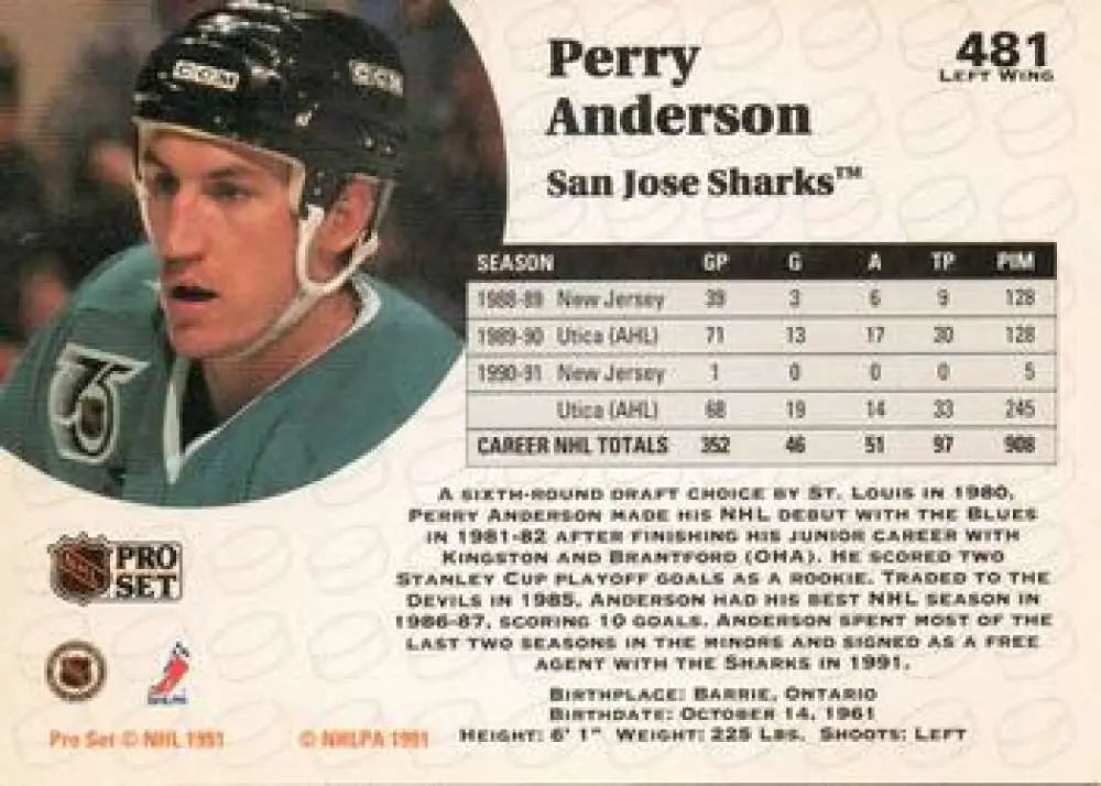 Hockey card of Perry Anderson in teal San Jose Sharks uniform from Louis Blues team