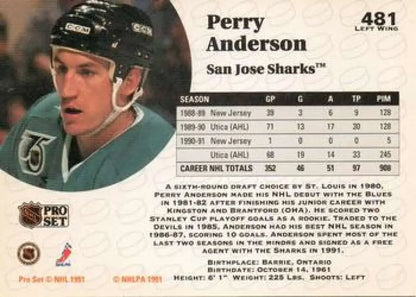 Hockey card of Perry Anderson in teal San Jose Sharks uniform from Louis Blues team