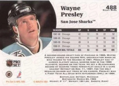 Wayne Presley 1991-92 Pro Set Hockey Card showcasing San Jose Sharks player
