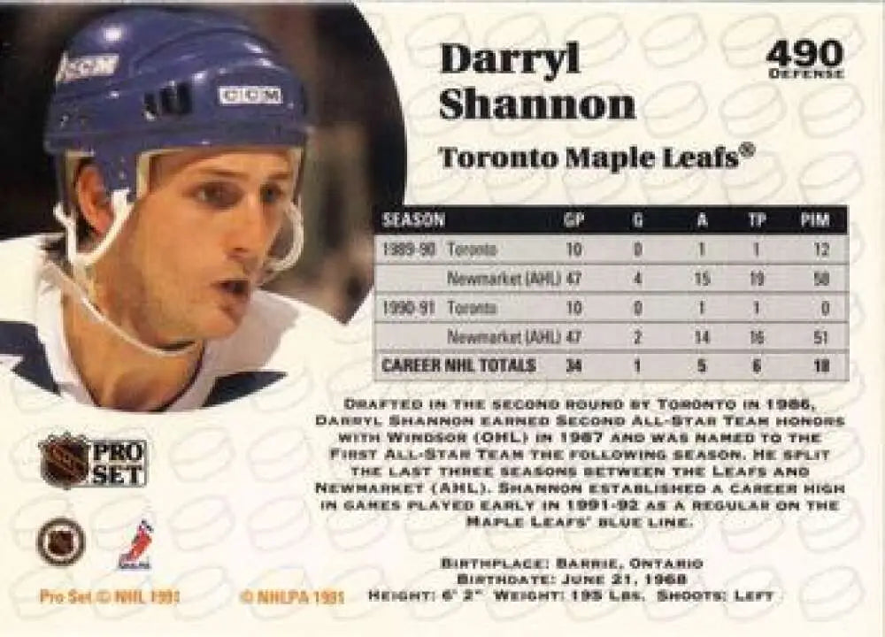Hockey trading card of Darryl Shannon in a Toronto Maple Leafs blue helmet