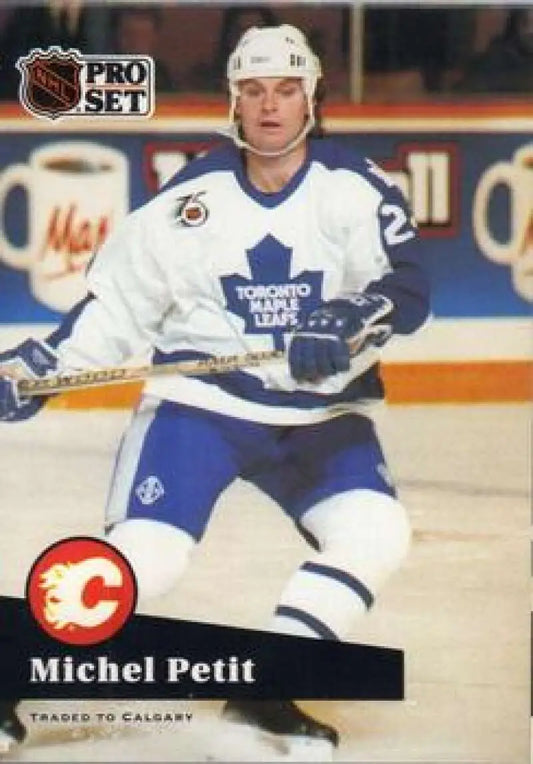 NHL Pro Set card of Michel Petit in Toronto Maple Leafs white and blue uniform