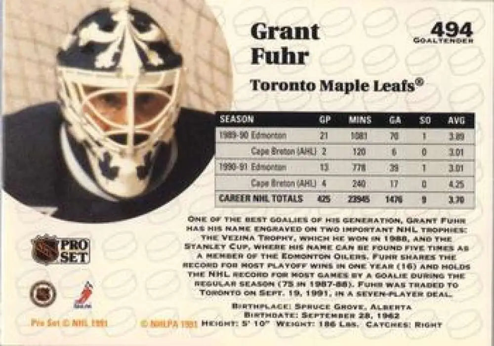 Hockey goalie mask with black and white design from Grant Fuhr Toronto Maple Leafs card