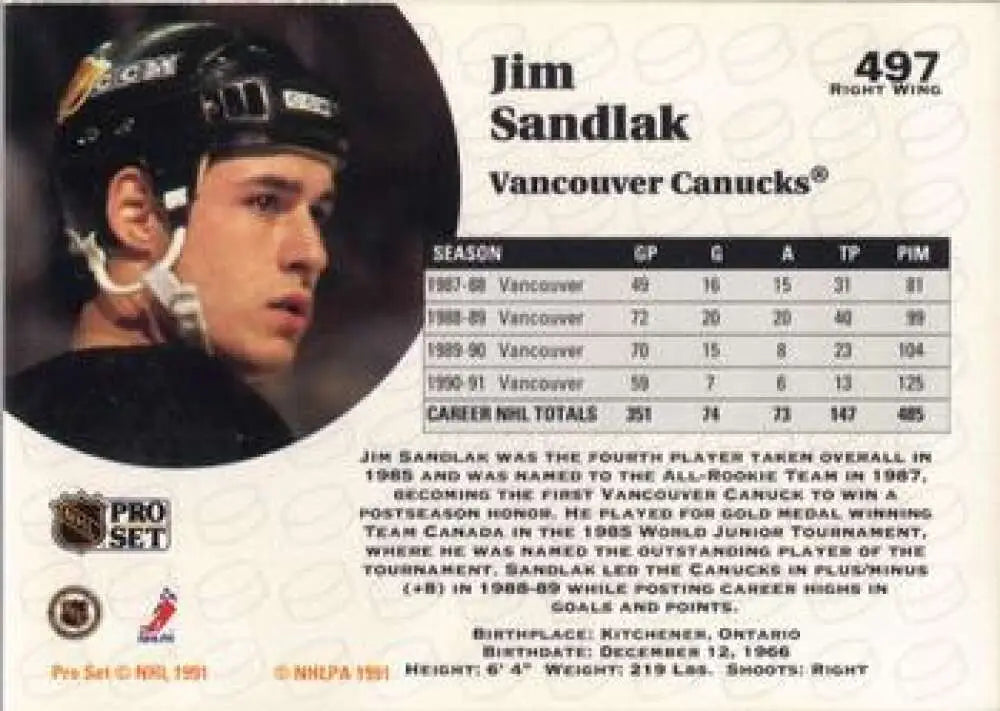 Hockey card of Jim Sandlak from Vancouver Canucks with black helmet design