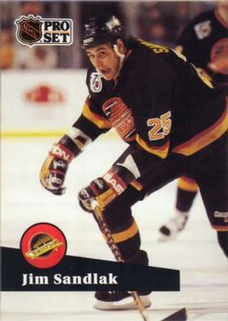 NHL Pro Set hockey card of Jim Sandlak in Vancouver Canucks black and yellow uniform