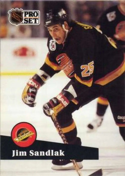 NHL Pro Set hockey card of Jim Sandlak in Vancouver Canucks black and yellow uniform