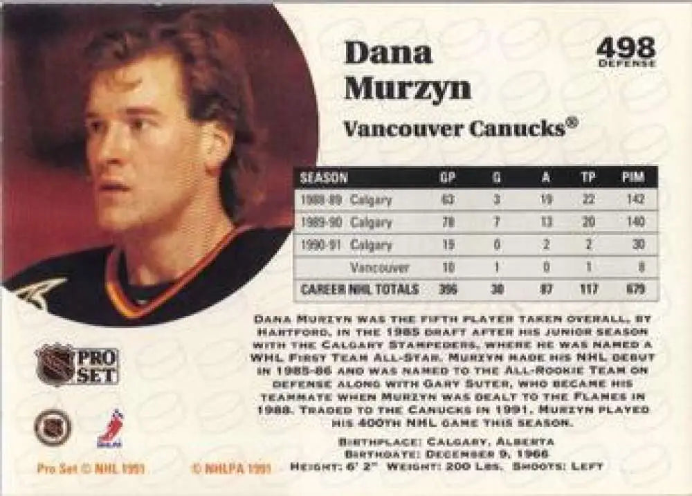 Hockey card featuring Dana Murzyn from the NHL Pro Set series, Vancouver Canucks