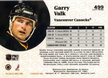 Hockey card of Garry Valk in a black and yellow Vancouver Canucks jersey Pro Set