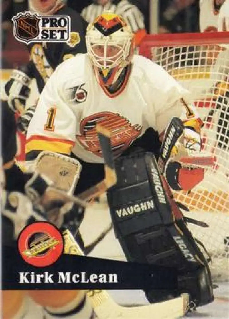 NHL Pro Set hockey card of Kirk McLean, Vancouver Canucks goalie in white jersey