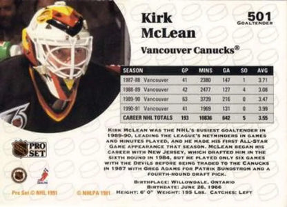 Hockey goalie mask in black, yellow, and orange V-pattern from Kirk McLean Pro Set card