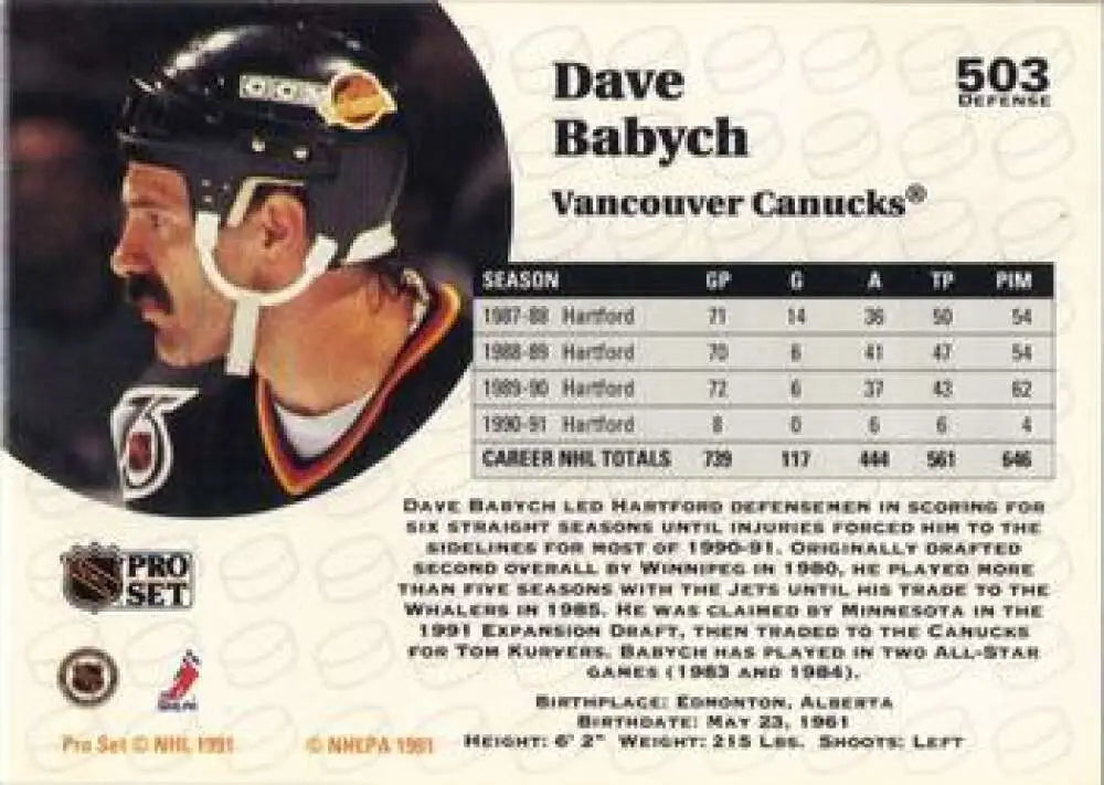 Vancouver Canucks Hockey Trading Card of Dave Babych in black helmet with logo